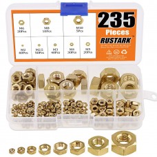 Suleve MXBN9 235Pcs M2 M2 5 M3 M4 M5 M6 M8 M10 Metric Grade 360 Brass Hexagon Hex Nut Assortment Kit